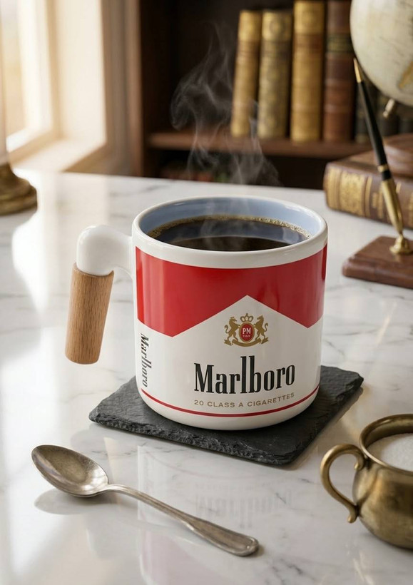 ماگ سرامیکی طرح کلاسیک با دسته چوبی (طرح Marlboro و Winston)